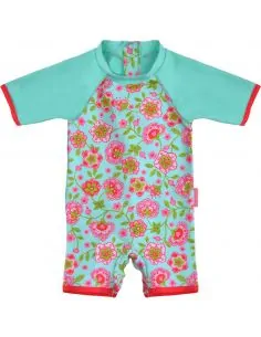 Combinaison anti UV bébé fille Moana turquoise et fleurs